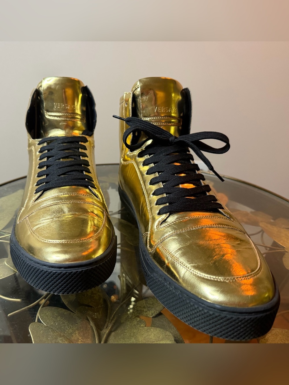Versace Men's Gold/Black Solid High-Top Lace-Up Sneakers *Size 11.5  Euro 45